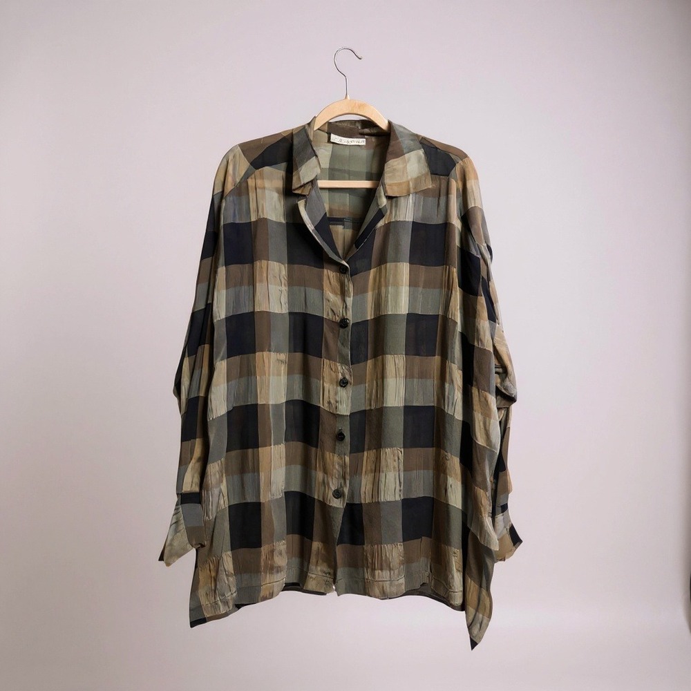 BIYA‎ Plaid Patchwork Oversized Button Up Shirt Women's Medium Acetate Viscose